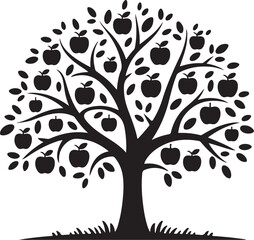 Obraz premium Black silhouette of an apple tree with apples and leaves on white