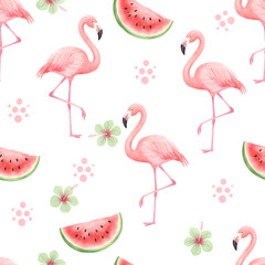 Obraz premium Tropical Seamless Pattern with Pink Flamingos and Watermelon Slices
