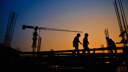 Construction workers silhouettes at sunset against orange sky