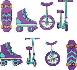 Colorful illustration of skateboards, roller skates, unicycles, and scooters with purple, turquoise, and orange design, symbolizing recreation, youth fun, and personal wheeled transport © Tanzila
