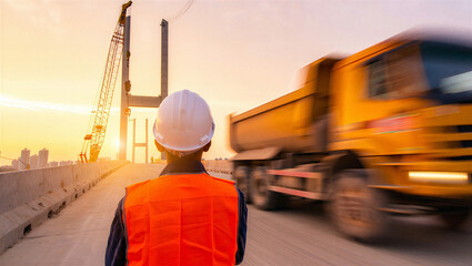 Construction worker in safety vest and hard hat overlooking bridge construction at sunset © Sabbir Digital