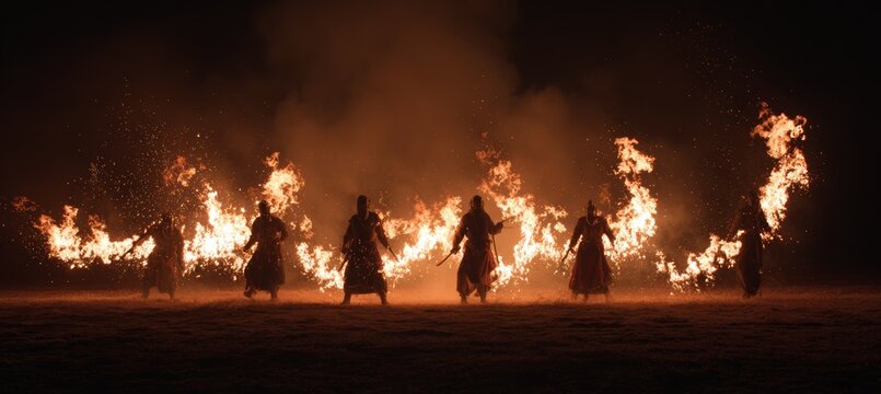 Group of wizard of witch spelling flame blaze. Generative AI technology.