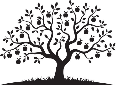 Black silhouette of apple tree with fruit and leaves on white