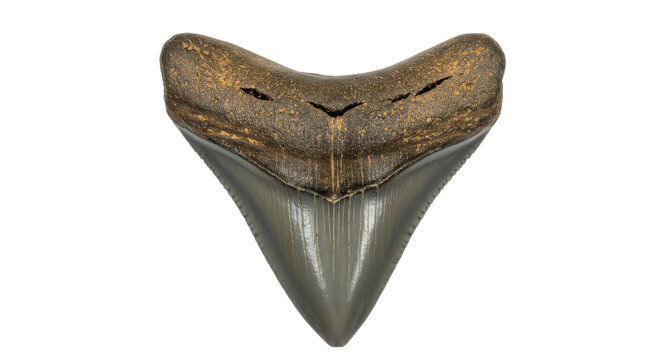 Close-up of a large prehistoric shark tooth, showcasing its unique features isolated on white background