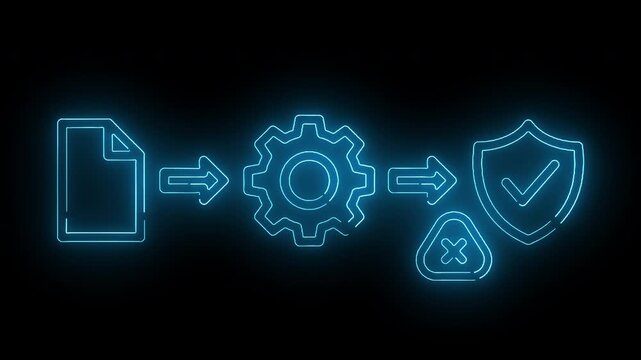 Neon-lit icons depicting file processing, settings adjustment, and secure verification on a black background with a futuristic feel.