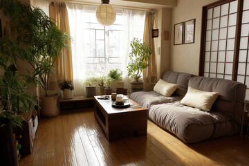 植物に囲まれたリビングルーム