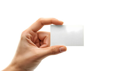 Obraz premium Hand holding business card A close-up view captures a hand delicately holding a blank business card, creating a sense of anticipation and the opportunity for personal branding.