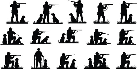 Collection of hunter and dog silhouettes with rifles in various shooting poses, black vector set isolated on white background for hunting and outdoor themes © Jakir