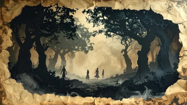 People walk through a dark forest viewed through a torn paper frame