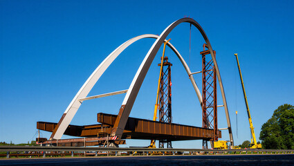 Modern Bridge Construction: Steel Arches Under Blue Sky with Cranes