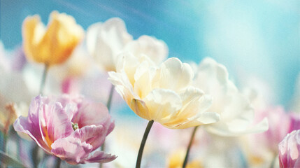 Soft blurred vintage backgrounds with Y2K floral pattern. Spring tulips blossom in soft focus with delicate shades create a calm and dreamy atmosphere.