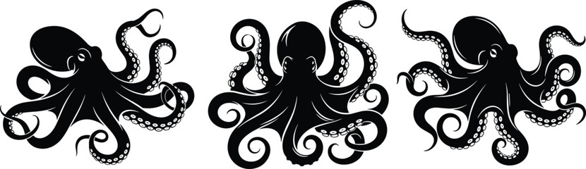 Black octopus silhouette set, giant kraken sea monster, ocean creature icons, cephalopod tentacles, nautical marine life, cad drawing, flat vector illustration. © Mst