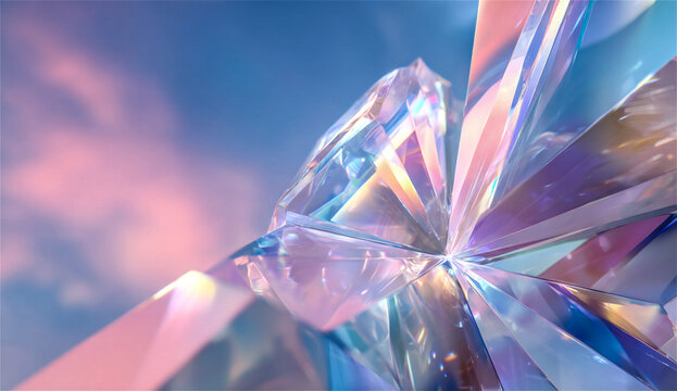 A crystal structure reflects bright light in the daytime, creating beautiful patterns on its surfaces. The blue sky serves as a backdrop, enhancing the crystal's clarity.