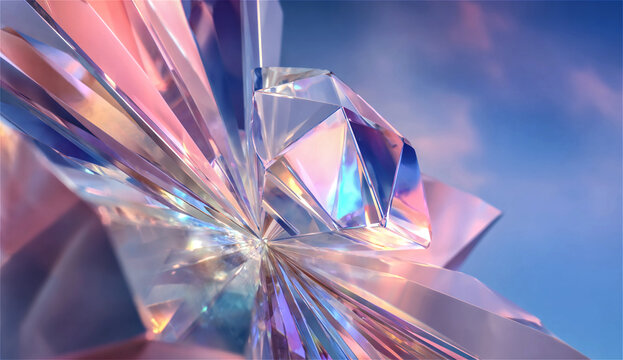 A crystal structure reflects bright light in the daytime, creating beautiful patterns on its surfaces. The blue sky serves as a backdrop, enhancing the crystal's clarity.