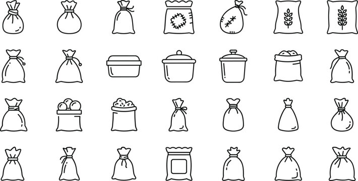 Grain and food sack outline vector icon set with bags containers and storage symbols