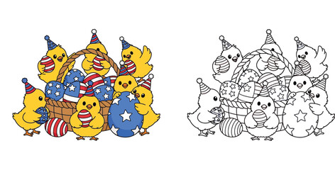 Adorable Chicks with American Flag Easter Eggs and Party Hats - Coloring and Colored Versions