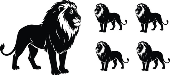 Black silhouette of a large lion and four smaller lions on white background big cat animal © Ashraful