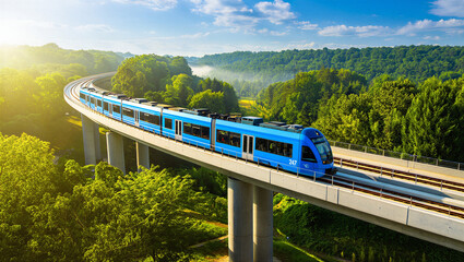 Blue high-speed train traveling on an elevated track through a lush forest © Sabbir Digital