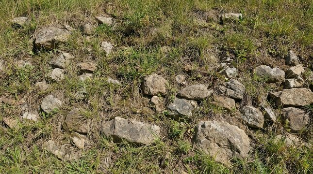 Rocks and Stones in Green Grassy Field.