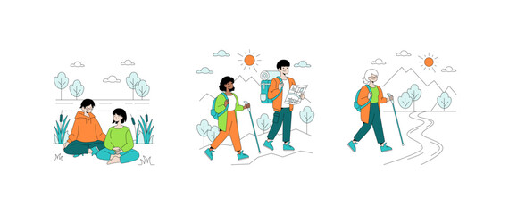 Fototapeta premium Group Hiking Vector Illustration with Relaxed Atmosphere