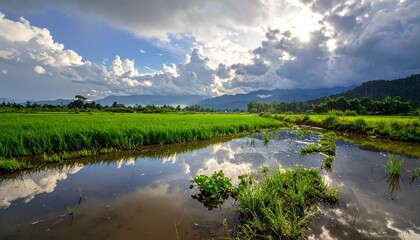Fototapeta premium Vibrant green rice paddy reflecting stormy sky after rainfall in tropical countryside landscape