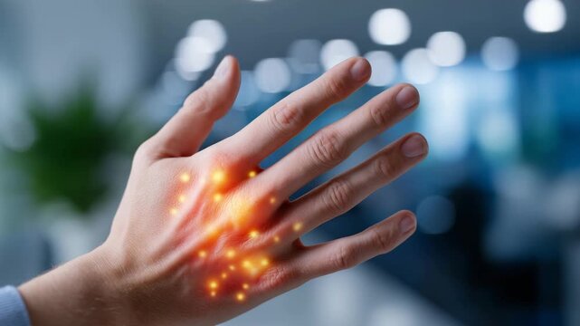 Faceless close-up of human hand pressing palm, showing ligament inflammation and pain symptom, medical health condition visualization, defocused neutral background with copy space
