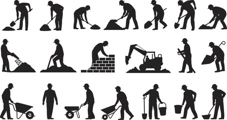 Construction worker silhouettes collection with shovels wheelbarrows bricks and excavator, industrial labor vector illustration isolated on white background for building concept © SreeShoyagini