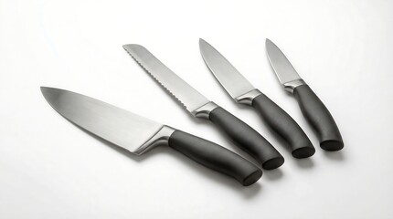 Fototapeta premium Four-Piece Stainless Steel Kitchen Knife Set With Dark Ergonomic Handles on White Background