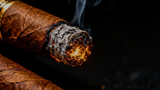 Ultra-detailed close-up of a burning cigar with glowing embers, fine ash forming, and a rich brown tobacco wrapper, set against a dark, luxurious background.