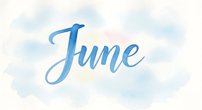 The word june written in a cursive blue font on a white cloudy background