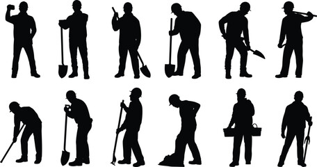 Construction worker silhouettes collection, industrial builders with shovel and tools, manual labor workforce vector illustration isolated on white background © SreeShoyagini