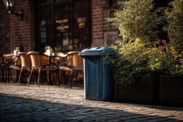 Naklejka premium Rubbish Street Scene with Blue Trash Bin and Outdoor Café Seating on Cobblestone Path in Urban