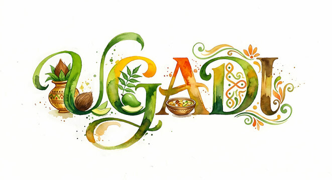 Indian traditional ugadi festival watercolor calligraphy design with festive background.