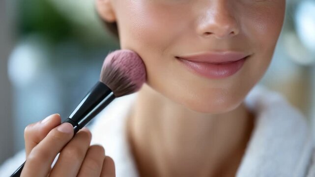 Faceless female applying pink blush to cheeks, cosmetic application in progress, personal grooming and daily beauty routine, soft natural light, defocused background with copy spac