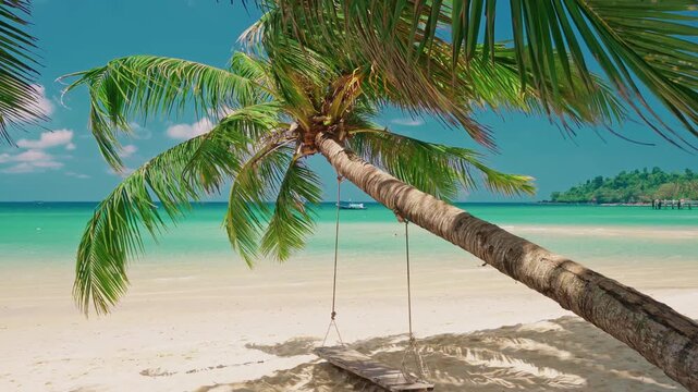 Seamless loop of sea waves on golden Hawaiian sand beach. Palm trees, blue sea and pure natural landscape. Walk along the tropical exotic sandy beach. Paradise beach on an island in the ocean