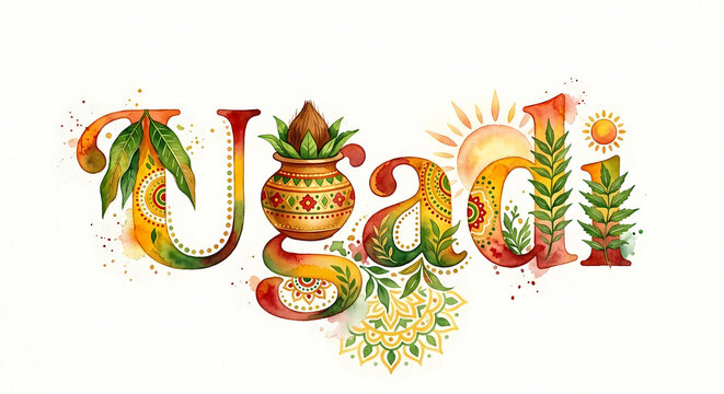 indian traditional ugadi festive watercolor typography design with decorative kalash, neem leaves and sun motif.