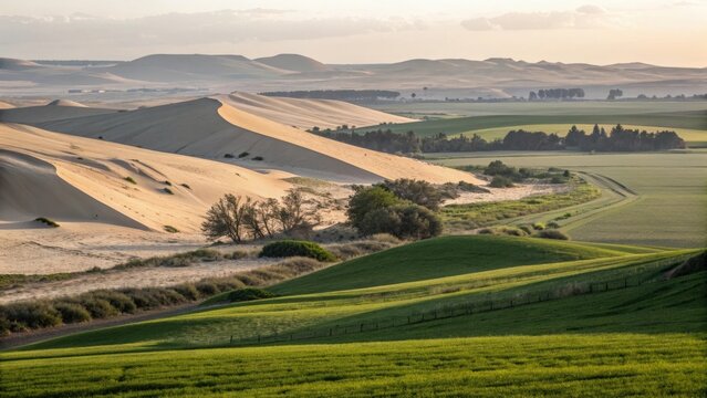 Sand Dunes Overlapping Green Farmland Landscape