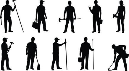 Construction worker silhouettes set with hammer shovel tool bag and pickaxe, professional builder labor vector illustration isolated on white background © SreeShoyagini