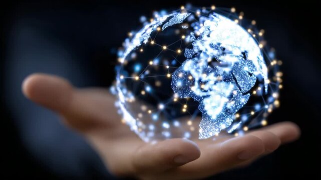 Faceless hand holding glowing digital globe with interconnected nodes, representing global online education platform, virtual classroom, interactive learning modules, seamless comm