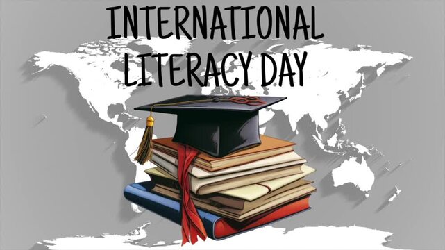 International literacy day animation with graduation hat on stack of books and world map background