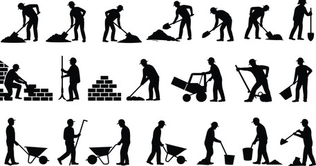 Construction worker silhouettes set with shovels wheelbarrows bricks and tools, industrial labor vector illustration isolated on white background © SreeShoyagini