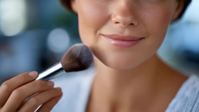 Faceless woman adding blush to cheeks with soft brush, makeup artistry and beauty care visualization, close-up cosmetic application, defocused indoor vanity background with copy sp