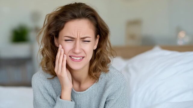 Faceless woman experiencing acute dental discomfort at home, head slightly tilted, fingers pressing against cheek, minimalist bedroom background, soft shadows creating emotional te