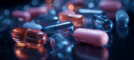 Variety of pill capsule. Generative AI technology.