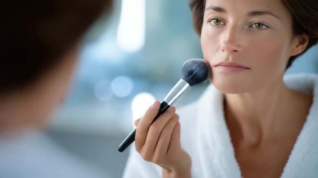 Faceless woman in front of mirror applying blush, close-up on brush contact with skin, personal grooming and makeup artistry, defocused modern bathroom or vanity with copy space