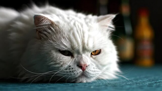 White cat rests indoors.