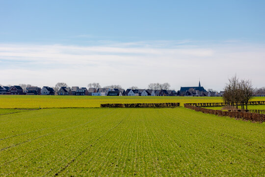 Winter landscape, The terrain of green grass field and small town villages, A hamlet in the Dutch province of Limburg, Margraten is a village and a former municipality in the southeastern, Netherlands