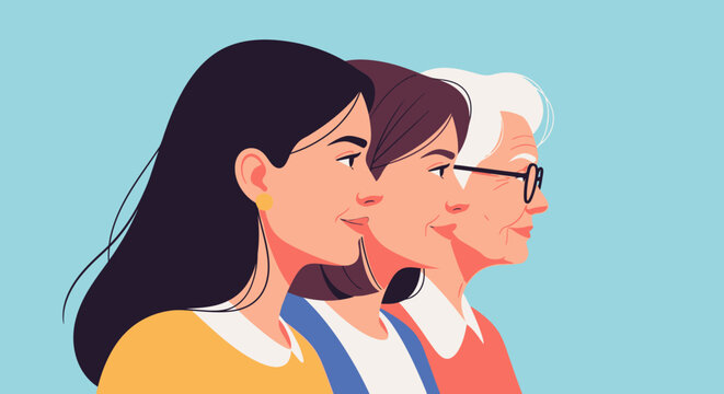 Generations of Women: Diverse Ages and Life Stages. Empowering Profile Illustration of Female Journey.