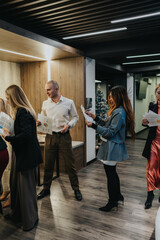 Fototapeta premium A group of professionals interact and review papers in a sleek, contemporary office. The scene conveys collaboration and a festive, office atmosphere with a Christmas tree in the background.