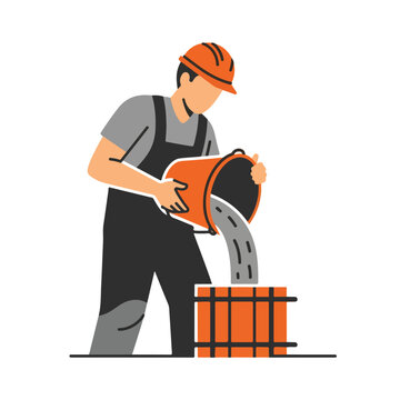 A cartoon illustration of a worker in an orange hard hat pouring from a bucket into a barrel with a simple, colorful design on a white background.